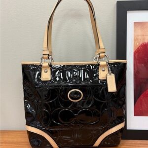Coach Peyton Black and Tan Embossed Tote with Silver Hardware